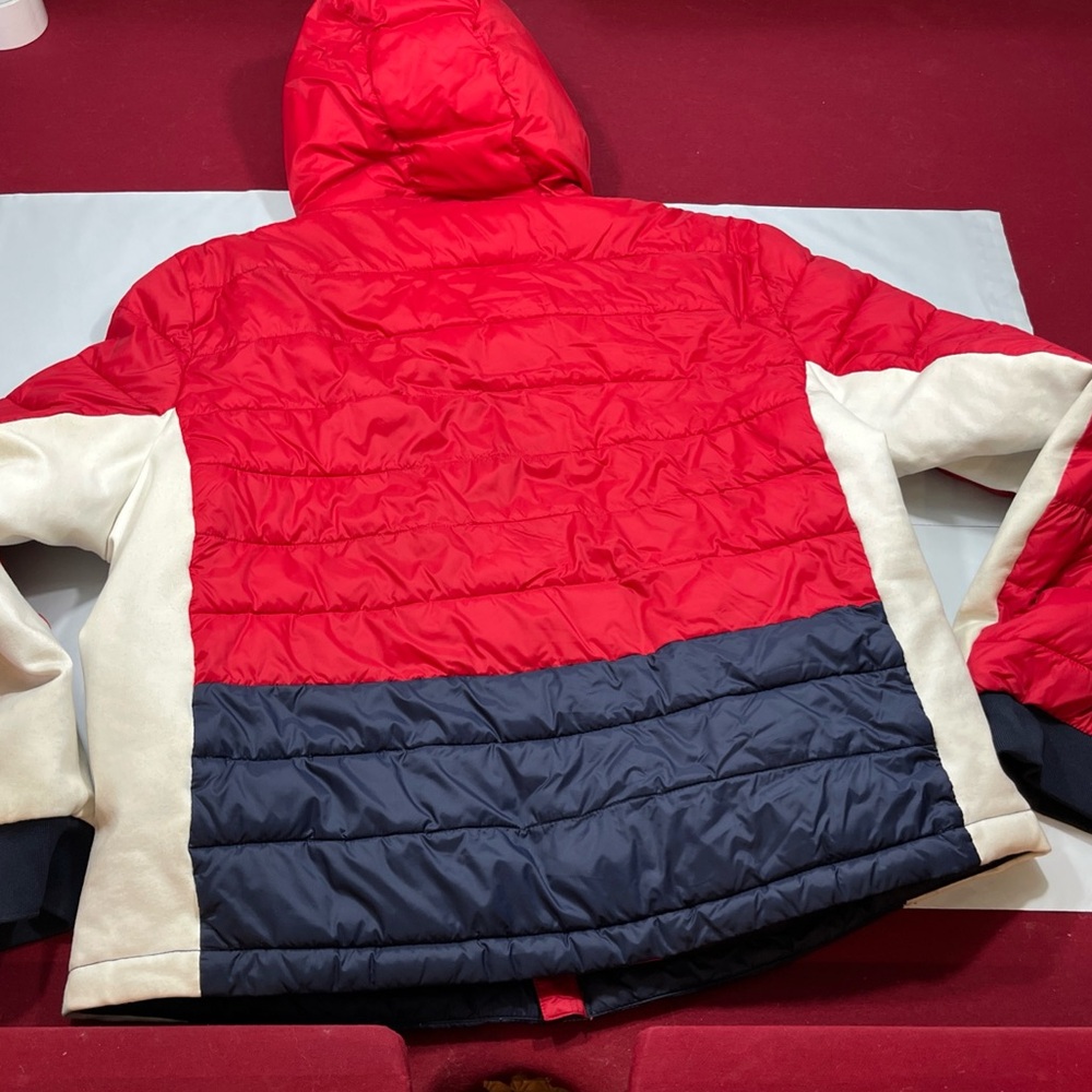 90s TOMMY HILFIGER JACKET Primaloft Red Blue WHITE Quilted Hooded Puffer coat 2X - Picture 5 of 16
